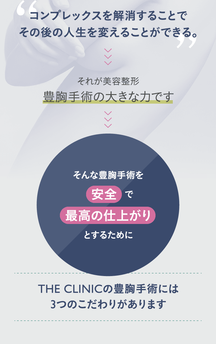 コンプレックスを解消することでその後の人生を変えることができる。 それが美容整形豊胸手術の大きな力です そんな豊胸手術を安全で最高の仕上がりとするために THE CLINICの豊胸手術には3つのこだわりがあります