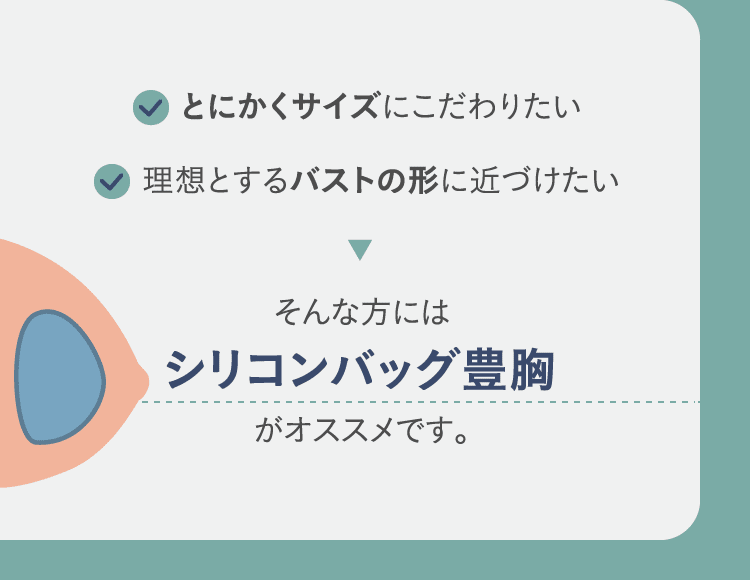 とにかくサイズにこだわりたい / 理想とするバストの形に近づけたい そんな方にはシリコンバッグ豊胸がオススメです。