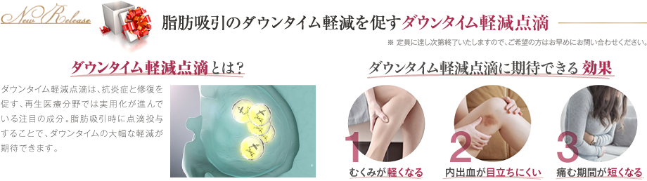 脂肪吸引のダウンタイムの軽減を促すダウンタイム軽減点滴 ※ 定員に達し次第終了いたしますので、ご希望の方はお早めにお問い合わせください。 | ダウンタイム軽減点滴とは? ダウンタイム軽減点滴は、抗炎症と修復を促す、再生医療分野では実用化が進んでいる注目の成分。脂肪吸引時に点滴投与することで、ダウンタイムの大幅な軽減が期待できます。 | ダウンタイム軽減点滴に期待できる効果 1.むくみが軽くなる / 2.内出血が目立ちにくい / 3.痛む期間が短くなる