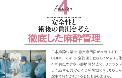 Factor 4 安全性と術後の負担を考え徹底した麻酔管理 | 日本麻酔科学会 認定専門医が在籍するTHE CLINIC では、安全管理を徹底しています。体への負担の少ない静脈麻酔法で、リラックスして施術を受けることが可能です。もちろん途中で麻酔が切れる心配もありません。