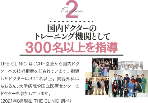 Factor 2 国内ドクターのトレーニング機関として 300名以上を指導 | THE CLINIC は、CRF協会から国内ドクターへの技術指導を任されています。 指導したドクターは300名以上。 美容外科はもちろん、大学病院や国立医療センターのドクターも参加しています。(2021年8月現在 THE CLINIC 調べ)