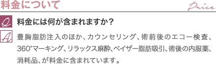 料金について | 料金には何が含まれますか? / 豊胸脂肪注入のほか、カウンセリング、術前後のエコー検査、360°マーキング、リラックス麻酔、ベイザー脂肪吸引、φ2.4mmヌードルインジェクション、術後の内服薬、消耗品、固定レンタルが料金に含まれています。