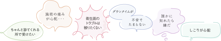 ちゃんと診てくれる所で受けたい／施術の痛みが心配／衛生面のトラブルは被りたくない／ダウンタイムが不安でたまらない／誰かに知られたら嫌だ／しこりが心配