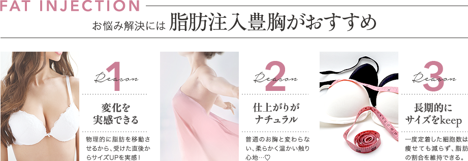 お悩み解決には脂肪注入豊胸がおすすめ／変化を実感できる／仕上がりがナチュラル／長期的にサイズをkeep