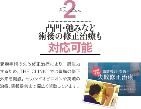 Factor 2 凸凹・弛みなど術後の修正治療も対応可能 | 豊胸手術の失敗修正治療により一層注力するため、THE CLINIC では豊胸の修正外来を開設。 セカンドオピニオンや実際の治療、情報提供まで幅広く活動しています。