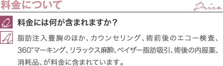 料金について | 料金には何が含まれますか？ / 施術代のほか、カウンセリング、ボディデザイン、リラックス麻酔、術後の内服薬、消耗品が料金に含まれています。