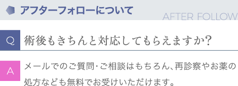 アフターフォローについて | Q:術後もきちんと対応してもらえますか？ | A:メールでのご質問・ご相談はもちろん、再診察やお薬の処方なども無料でお受けいただけます。