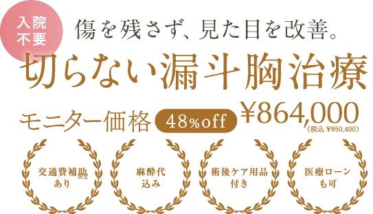傷を残さず、見た目を改善。 入院不要 切らない漏斗胸治療 | モニター価格 48%off ¥864,000(税込¥950,400) | 交通費補助あり / 麻酔代込み / 術後ケア用品付き / 医療ローンも可