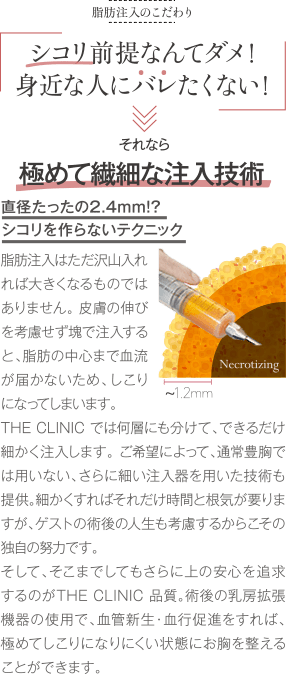 脂肪注入のこだわり | シコリなんてダメ！ 身近な人にバレたくない！ | それなら 極めて繊細な注入技術 直径たったの2.4mm！？ シコリを作らないテクニック | 脂肪注入はただ沢山入れれば大きくなるものではありません。 皮膚の伸びを考慮せず塊で注入すると、脂肪の中心まで血流が届かないため、しこりになってしまいます。THE CLINIC では何層にも分けて、できるだけ細かく注入します。 ご希望によって、通常豊胸では用いない、さらに細い注入器を用いた技術も提供。細かくすればそれだけ時間と根気が要りますが、ゲストの術後の人生も考慮するからこその独自の努力です。そして、そこまでしてもさらに上の安心を追求するのがTHE CLINIC 品質。術後の乳房拡張機器の使用で、血管新生・血行促進をすれば、極めてしこりになりにくい状態にお胸を整えることができます。