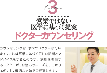 Factor 3 営業ではない 医学に基づく提案 ドクターカウンセリング | カウンセリングは、すべてドクターが行います。これは医学に基づく正しい診断とアドバイスをするためです。施術を担当するドクターが、お悩みやニーズをしっかりお伺いし、最適な方法をご提案します。